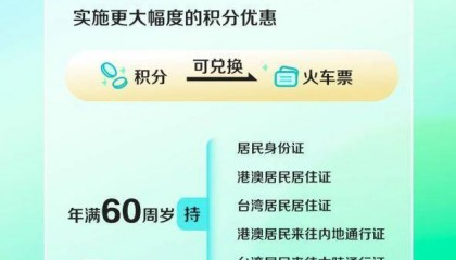 国铁集团:4月1日起 60岁以上旅客乘车享票面金额15倍积分