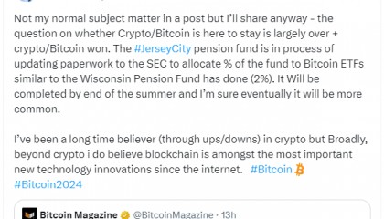 美国泽西市长：泽西市将从养老基金拨出1%的资金，用于购买比特币ETF